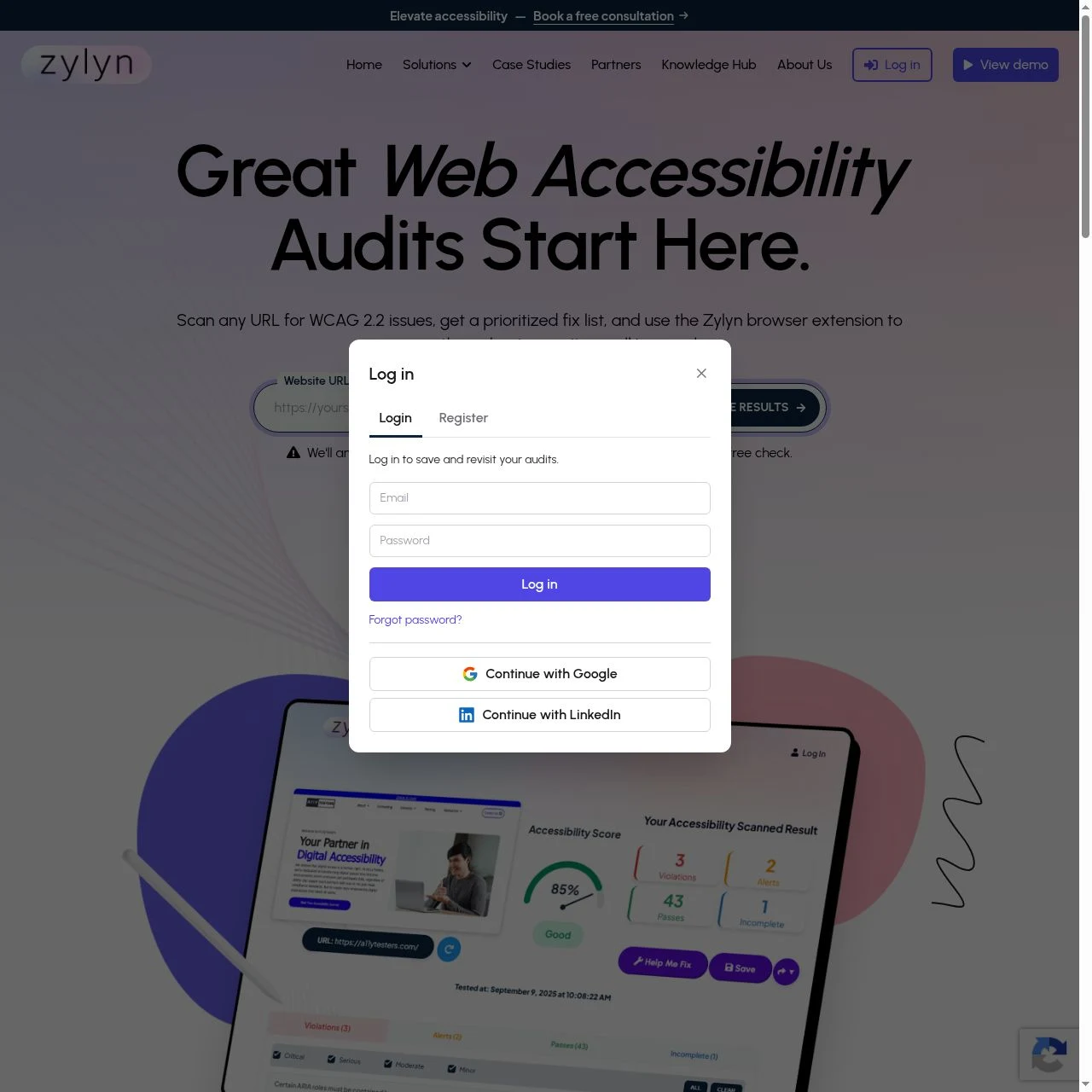 The login dialog. Use the Register tab for a new account, or sign in with Google or LinkedIn.