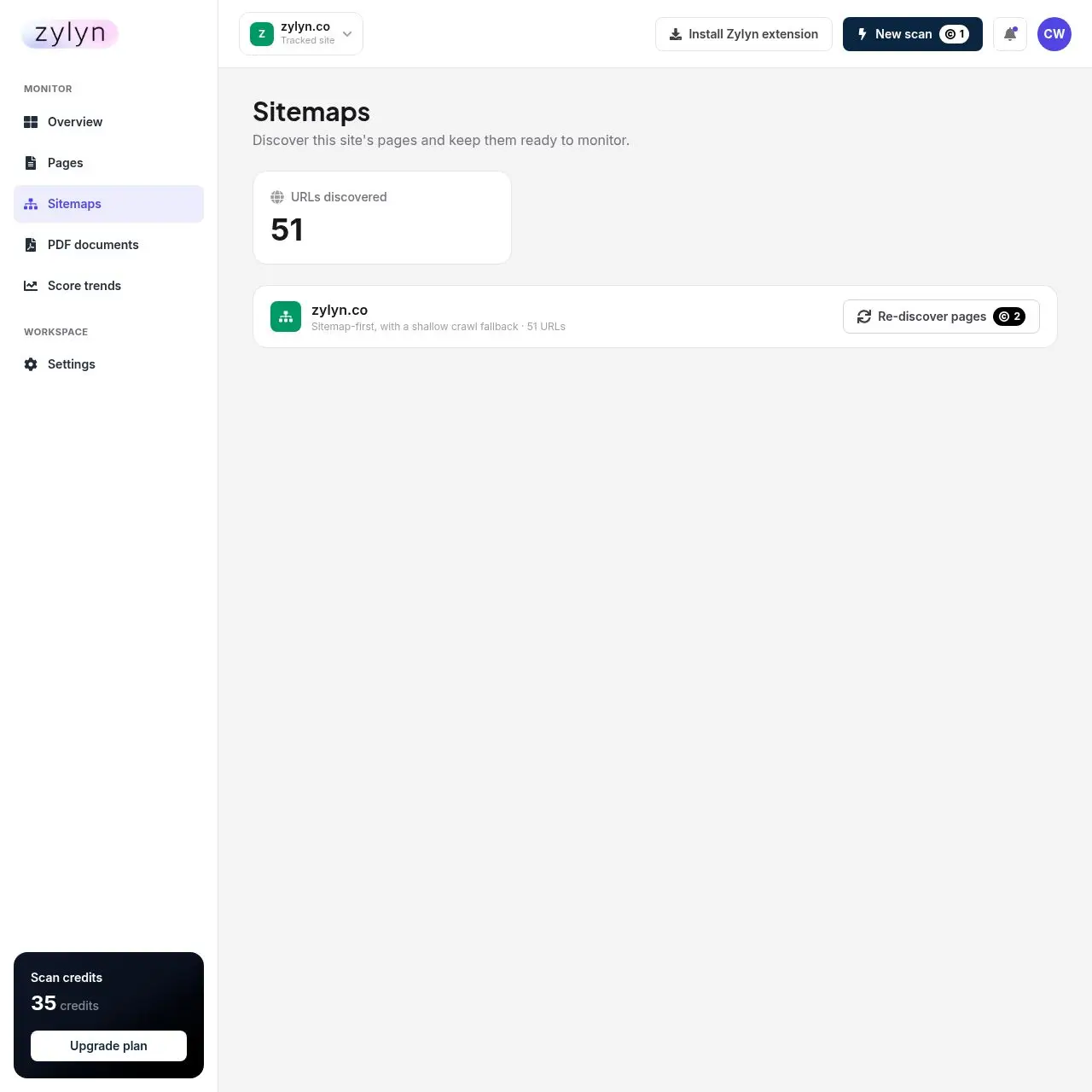 The Sitemaps screen. Sitemap-first with a shallow crawl fallback.