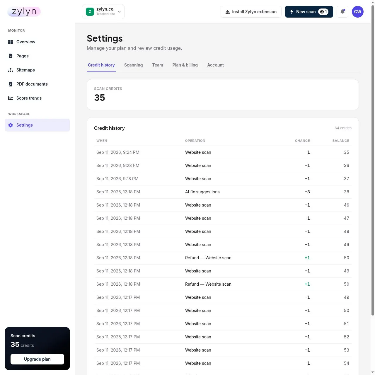 Settings → Credit history. Every transaction is itemised with a running balance.