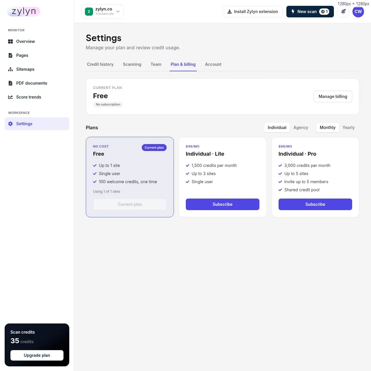 Settings → Plan & billing. Individual and Agency tiers, monthly or yearly.