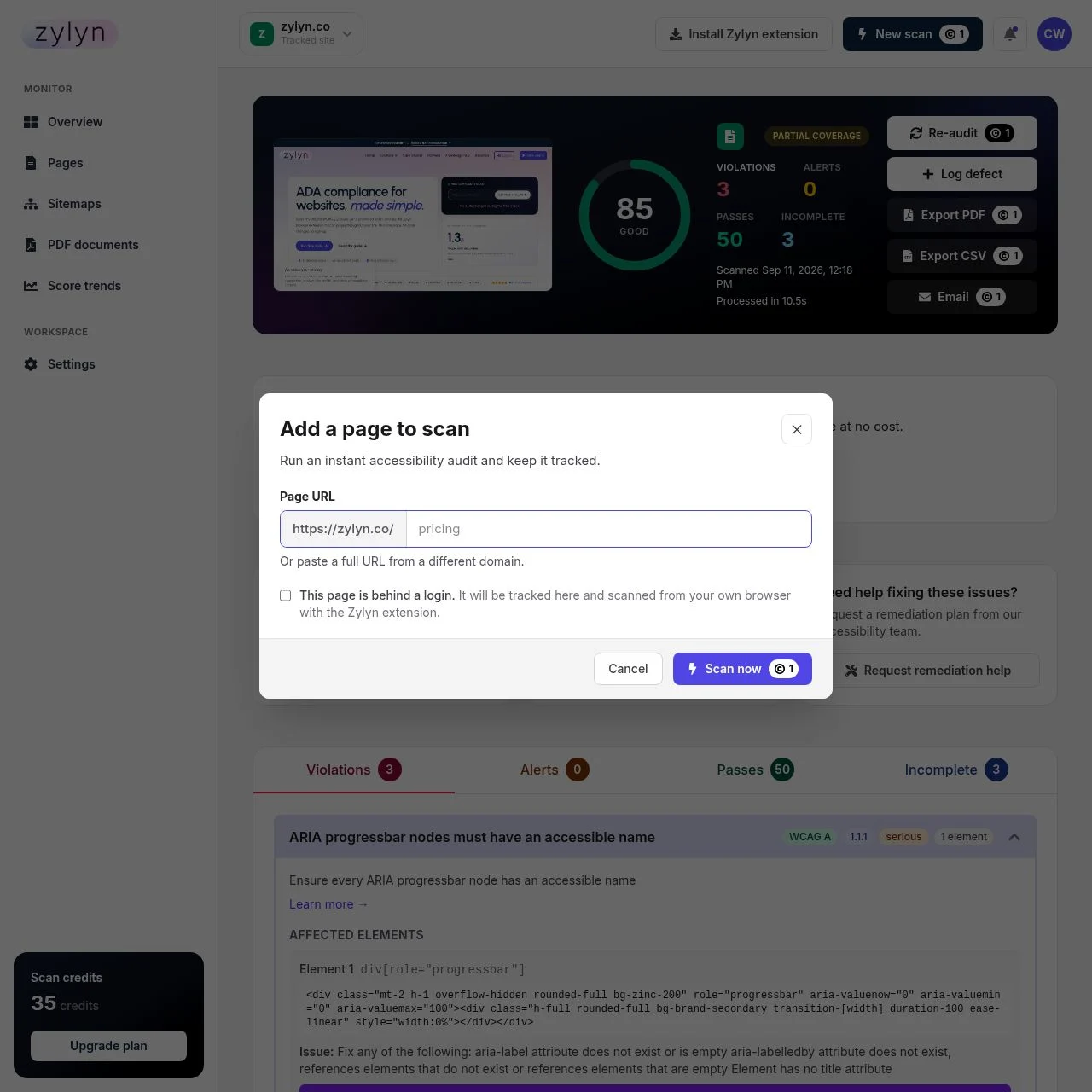 The Run new scan dialog. Paste any URL, or tick the box for pages behind a login.