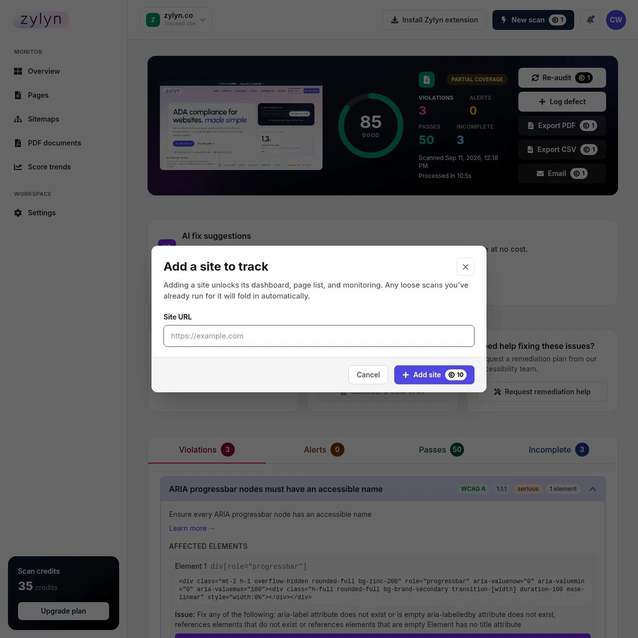 Adding a site. Enter the root URL — Zylyn finds the pages itself.